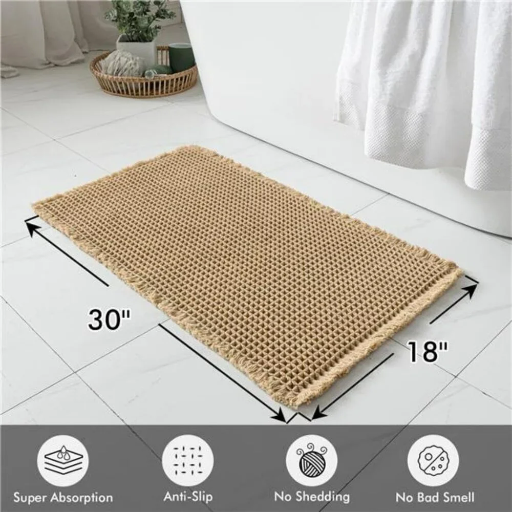 Set of 2 brown waffle bath mats non slip absorbent washable bathroom rugs 18x30